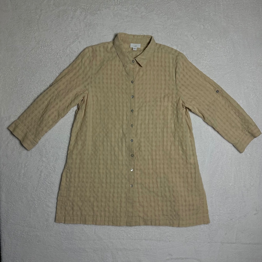 J.Jill Tan Seersucker Button Down Tunic 3/4 Roll Tab Sleeve Shirt Women M Summer